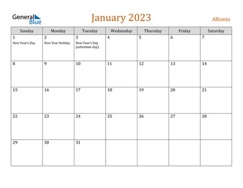 Albania January 2023 Calendar With Holidays