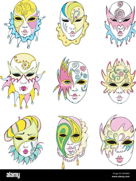 Women In Venetian Carnival Masks Set Of Vector Illustrations Stock Vector Image And Art Alamy