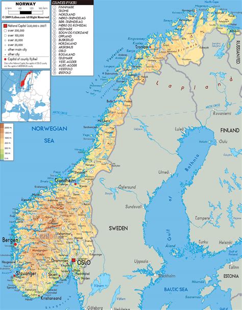 Large Physical Map Of Norway With Roads Cities And Airports Norway