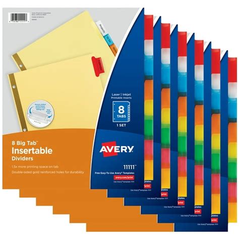 Avery 8 Tab Binder Dividers Insertable Multicolor Big Tabs 6 Sets 71111