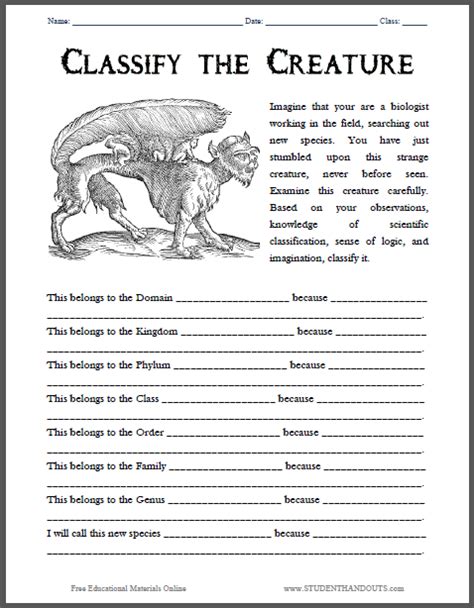 Classify The Creature Worksheet Student Handouts Yonderwayfarms