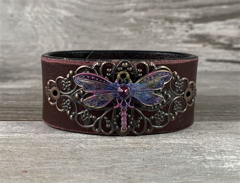 Hand Painted Dragonfly Leather Cuff Bracelet Brown Etsy In