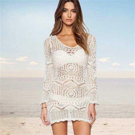 Women Lace Beach Cover Up Beach Dress Tunic Hollow Knit Swimwear White Crochet Beachwear Long