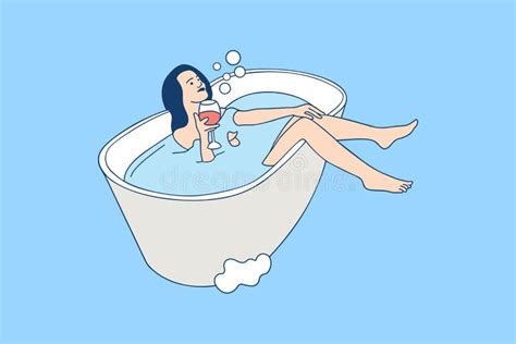 Illustrations Of Beautiful Young Woman Relaxing In Bath With Bubbles And Drinking Wine Stock
