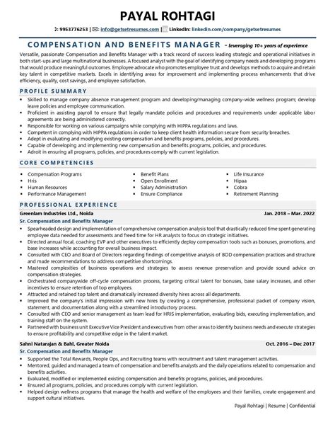 Compensation And Benefits Manager Resume Examples And Template With Job