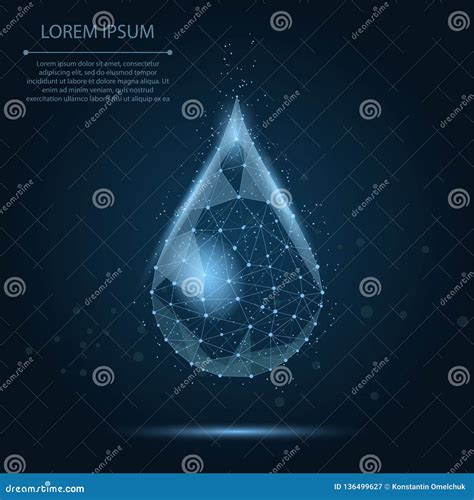 Low Poly Wireframe Water Drop With Dots And Stars Fresh Aqua Or Liquid