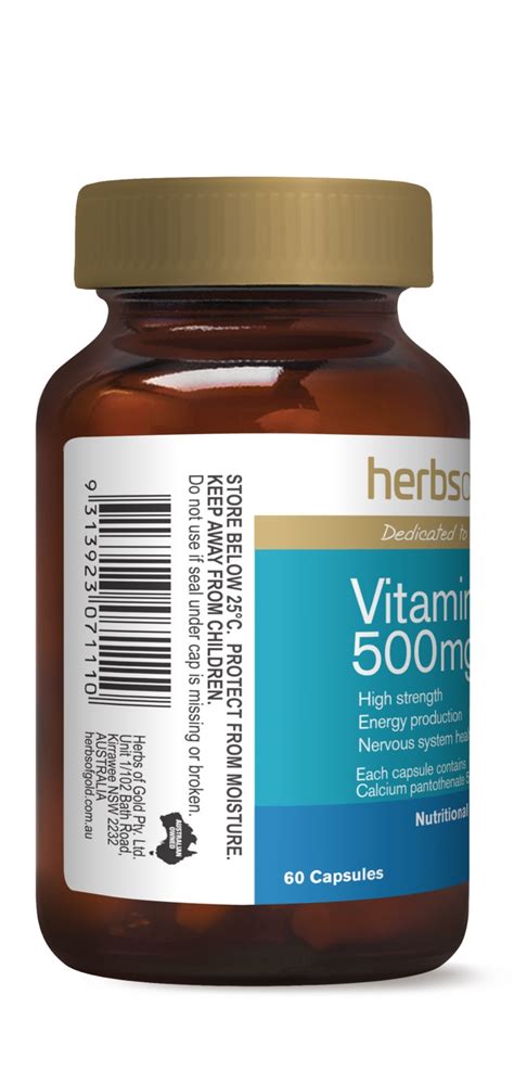 It is also known as panthothenic acid and has therapeutic qualities. Herbs of Gold Vitamin B5 500mg barcode