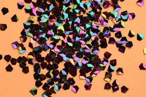 Pile Of Shiny Glitter On Beige Background Flat Lay Stock Photo Image