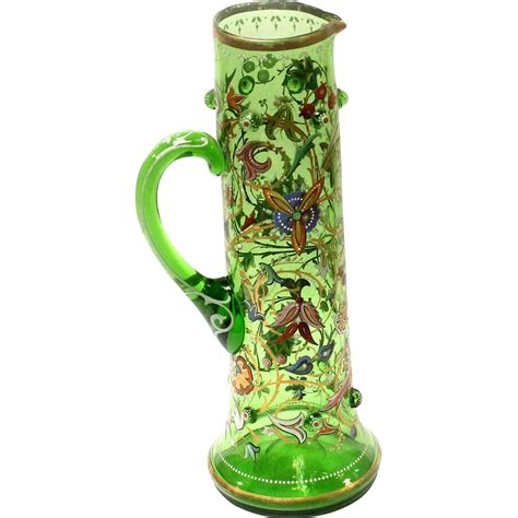 19th Century Antique Moser Green Crystal Glass Pitcher With Enamel Flowers And Gold Trim Green