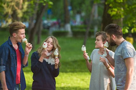 Group Of Babe People Enjoying Ice Cream In The Park Stock Image Everypixel