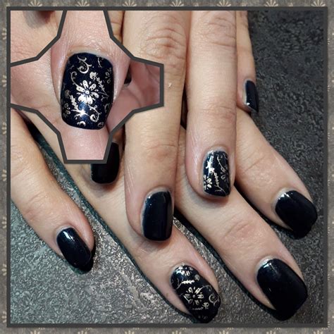 Midnight Swim Cnd Shellac With Gold Flowery Stamping Cnd Shellac