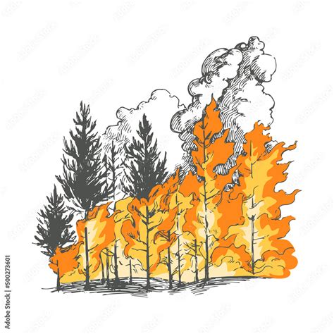 Vector Hand Drawn Illustration With Burning Forest Sketch With