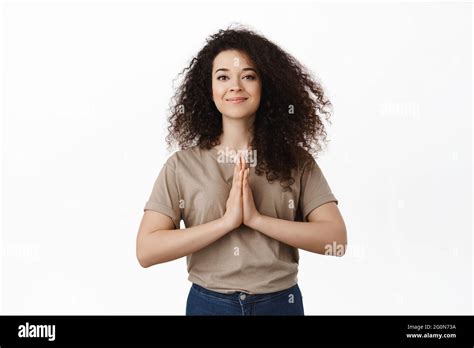 Namaste Smiling Relaxed Brunette Woman Holding Palms Together Looking