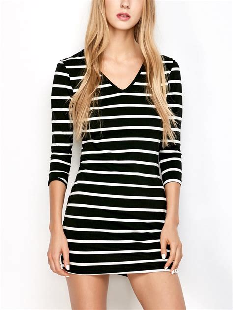 Fitted Striped T Shirt Dress Colormix Striped T Shirt Dress Long Sleeve Casual Dress Striped