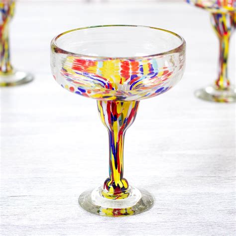 Set Of 6 Multicolor Hand Blown Glass Margarita Glasses Confetti Festival Novica