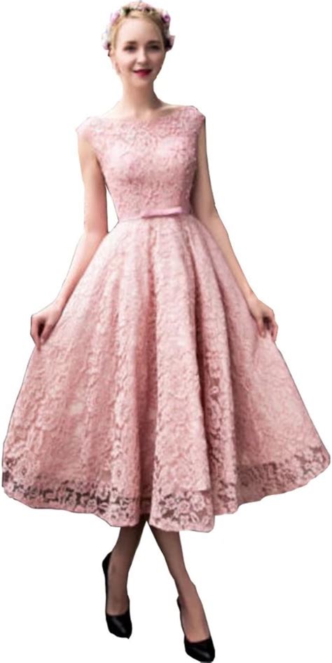 Dingdingmail Elegant Tea Length Blush Pink Lace Prom Dresses Cap