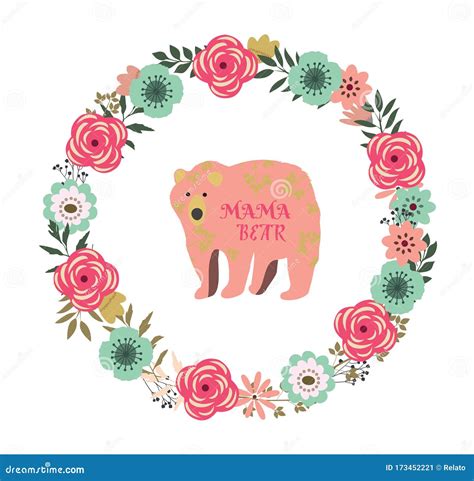 Vector Illustration Of A Floral Frame With Mama Bear Stock Vector