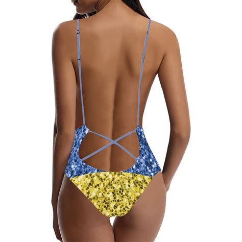 Blue Yellow Ukraine Flag Glitter Faux Sparkles Sexy Lacing Backless One