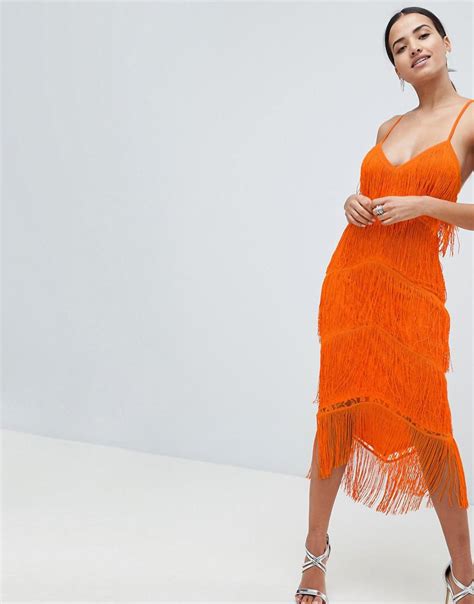 Asos Fringe And Lace Plunge Bodycon Midi Dress In Orange Lyst
