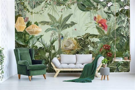 Green Tropical Leaf Pattern Wallpaper Mural Murals Wallpaper My XXX