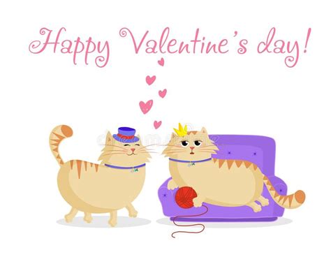 Happy Valentines Postcard With Cute Cartoon Couple Of Cats In Love
