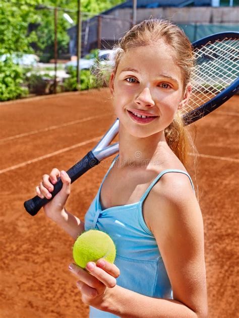 Girl Athlete With Racket And Ball On Tennis Stock Photo Image Of