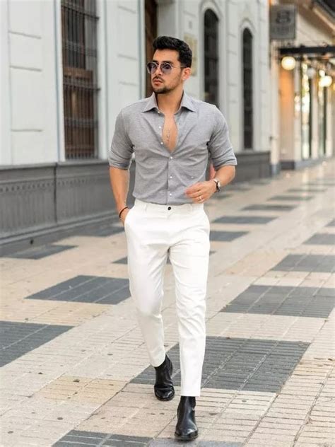Grey Shirt Mens Pastel Outfits With White Casual Trouser Boys Formal