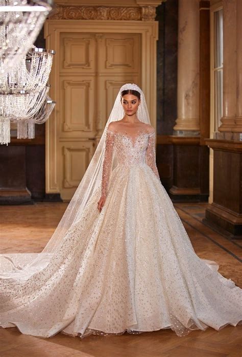 Long Sleeve Glitter Princess Wedding Dress Elegant Princess Etsy