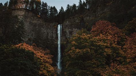 Waterfall Oregon United States Autumn Fall Trees Forest Nature