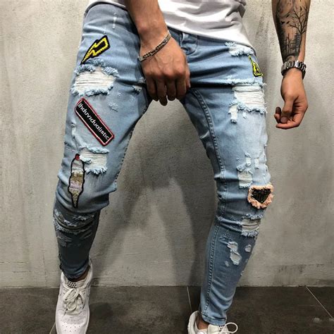 Mens Hipster Embroidery Skinny Jeans 2018 Brand New Slim Fit Ripped
