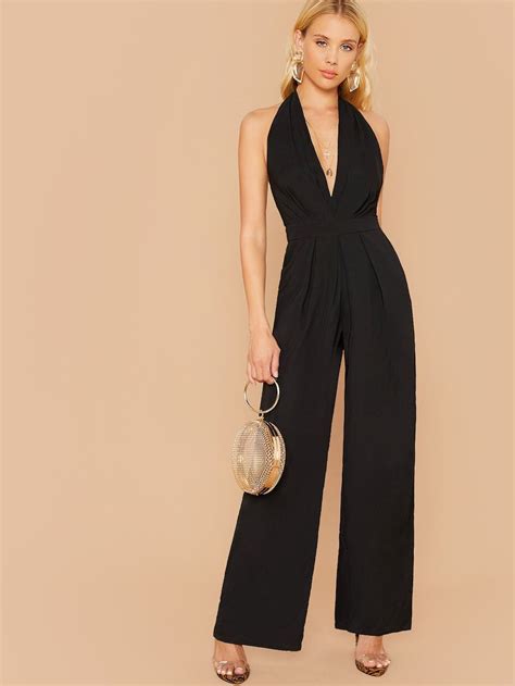 Shein Plunge Neck Backless Halter Wide Leg Jumpsuit Halter Wide Leg