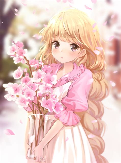 Original Miyaza Long Hair Blonde Cute Anime Girl Flower Wallpaper