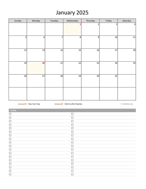 January 2025 Calendar With To Do List