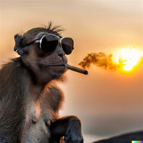 Monkey With A Sunglasses Smoking A Cigarette And Watching The Sunset