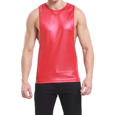 Sexy Mens Tank Tops Sleeveless Undershirts Faux Leather Wetlook Stage