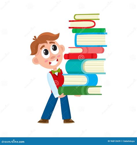 School Boy Holding Huge Stack Pile Of Books Stock Vector