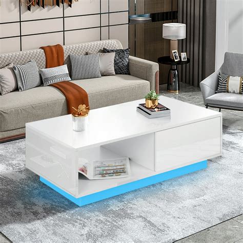 High Gloss Coffee Table With Drawers Storage Led Modern Sofa Side End