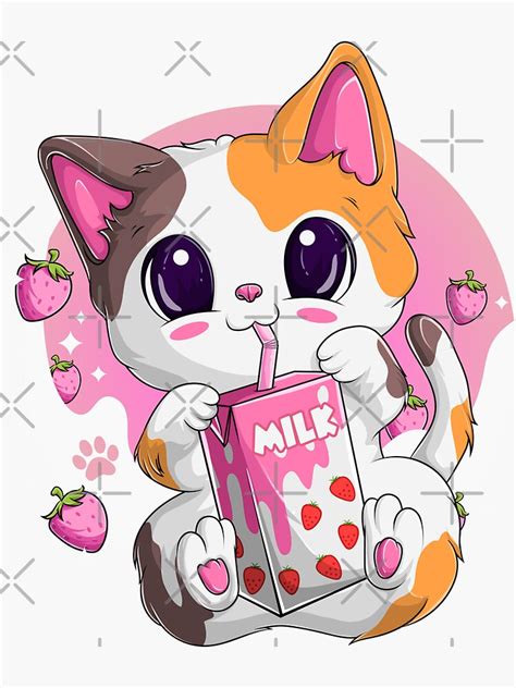 Kawaii Cat Strawberry Milk Sticker For Sale By Poppinshirt Redbubble