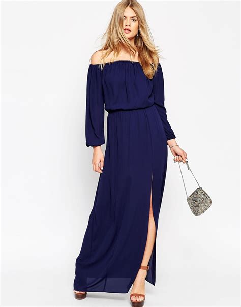 Asos Off The Shoulder Maxi Dress In Navy Blue Lyst