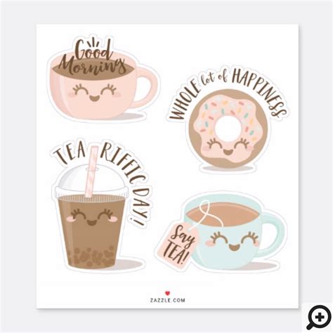 Cute Typographic Kawaii Style Tea Coffee And Donut Sticker Moodthology