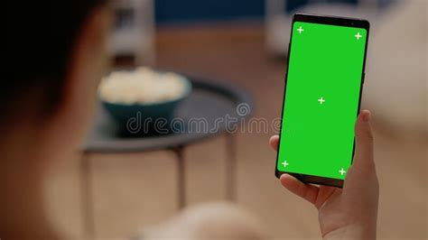 Close Up On Mobile Phone With Vertical Green Screen Stock Image Image