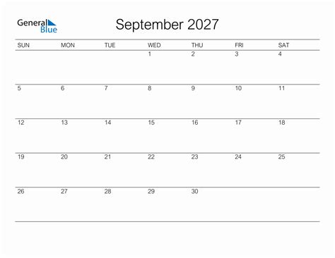 Printable September 2027 Monthly Calendar Sunday Start