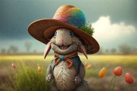 The Spring Bunny Baby Rabbit Wearing A Hat In A Spring Setup