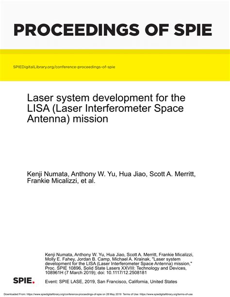 Pdf Laser System Development For The Lisa Laser Interferometer Space