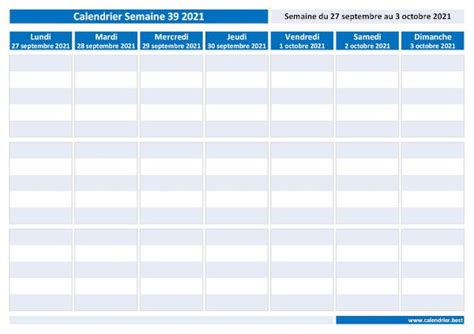 Semaine 39 2021 Dates Calendrier Et Planning Hebdomadaire à Imprimer