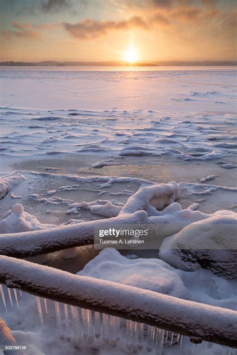 Sunrise At The Frozen And Snowy Lake Pyhäjärvi In Tampere Finland In