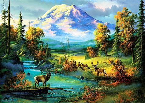 Landscape Mountain Painting River Deer Hd Wallpaper Peakpx
