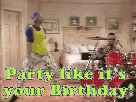 Two Men Are Dancing In Front Of A Drum Set With The Words Party Like It S Your Birthday