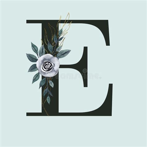 Capital Letter E Decorated With Golden Swirls Watercolor Flower And
