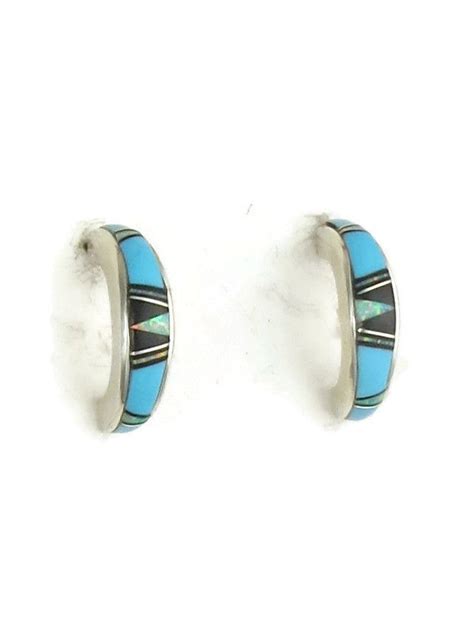 Turquoise Jet Opal Inlay Hoop Earrings Er Southwest Silver